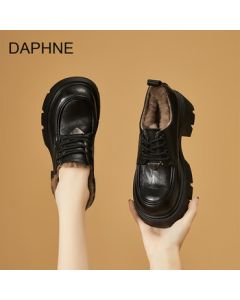 DAPHNE Women's Brown Leather Shoes 2025 New Winter Comfortable Versatile Fur-Lined Brogue Oxford Lace-Up Shoes