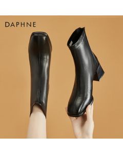 Daphne Women's Ankle Boots British Style Stretch Boots Slim Boots Chunky Heel Mid-Calf Boots Black (Fleece Lined) Size 37