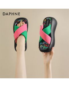 DAPHNE Women's Slides Thick-Soled Casual Doodle Flip-Flops One-Strap Sandals 4023303367 Pink Green 39