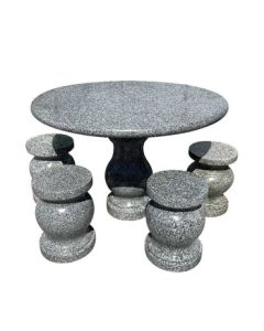 GJXBP Stone Table and Stool Set for Courtyard and Garden, Natural Marble Round Table with Granite Sesame Gray Finish, Includes One Table and Four Stools
