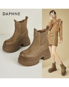 Daphne Platform Chelsea Boots for Women, Winter Lined Height-Increasing Retro Versatile Ankle Boots, Khaki, Size 37