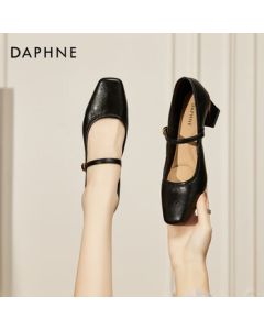 Daphne Women's High Heels Mary Jane Shoes New Genuine Leather Single Strap Shoes Black 【Heel Height 5.0cm】 Size 35