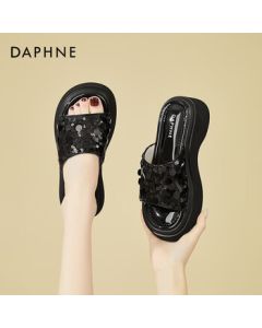 DAPHNE Premium Fashion Glitter Sandals for Women, Summer Versatile Strappy Flip Flops, Beach Slippers - Black, Size 38