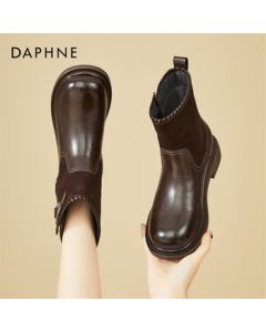 DAPHNE Chunky Heel Fleece-Lined Slim Ankle Boots Women's Leather Boots Motorcycle Boots British Style Fashion Boots - Brown, Size 36