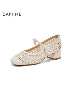Daphne Mary Jane Shoes Women's New Summer Hollow-out Flats Fishnet Knit Sandals 4025101706 Beige 38
