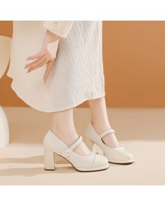 Daphne Small Fragrance Style French Shallow High Heel Mary Jane Pumps for Women, Elegant Ladies Shoes, Beige, Size 38