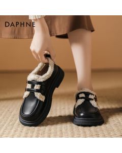 Daphne Platform Loafers Women's Flats, Winter Casual Versatile Height-Increasing Fur-Lined School Style Shoes, Black, Size 38