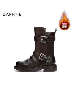 DAPHNE DAPHNE Women's Boots Fashion Versatile Retro Chunky Heel Ankle Boots Brown Fleece-Lined Size 39