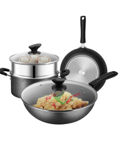 Cooker King Non-Stick Cookware Set, Starry Sky Maifan Stone Color Frying Pan, Saucepan, and Steamer, Compatible with Induction Cooker B50052