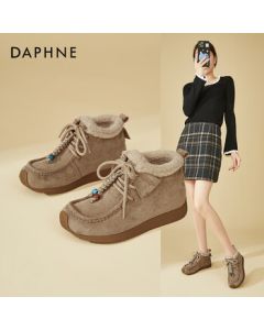 Daphne Retro Versatile Platform Winter Boots for Women, Beaded Faux Fur Lined Warm Birkenstock Cotton Shoes, Almond, Size 36