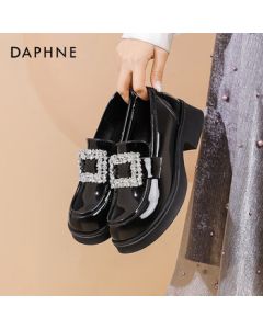 Daphne Platform Loafers for Women 2025 - Versatile Flats with Rhinestone Square Buckle, French Style Black Leather Shoes - Black - Size 35