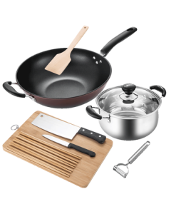 Maxcook Cookware Set: Frying Pan, Soup Pot, Cutting Board, Kitchen Knife, Chopsticks, Wooden Spatula, Peeler, Small Knife - 8-Piece Kitchen Set MCTZ004