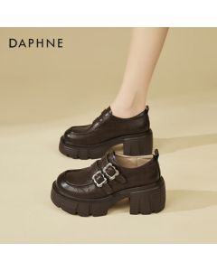 Daphne Chunky Heel Loafers for Women, Fashion Thick-Soled Deep-Cut Leather Shoes, Versatile High-Heel Flats for Petite Women, Brown, Size 37