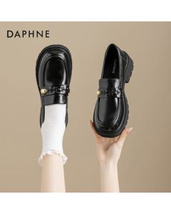 Daphne Loafers for Women - Thick Sole New Retro Leather Shoes, British Style Fashionable Versatile Slip-On Flats, Black, Size 37